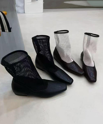 New Black Cowhide Cool Boots Square Toe Splicing Breathable Mesh Fabric