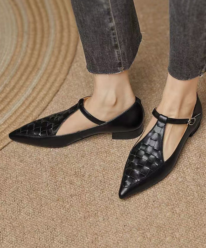 New Black Cowhide Leather Hollow Out Flat Feet Shoes Pointed Toe