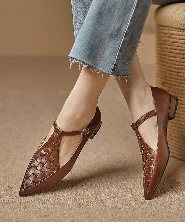 New Black Cowhide Leather Hollow Out Flat Feet Shoes Pointed Toe