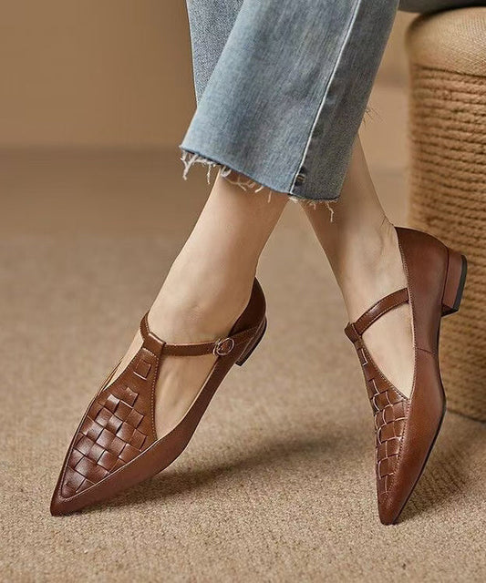 New Black Cowhide Leather Hollow Out Flat Feet Shoes Pointed Toe