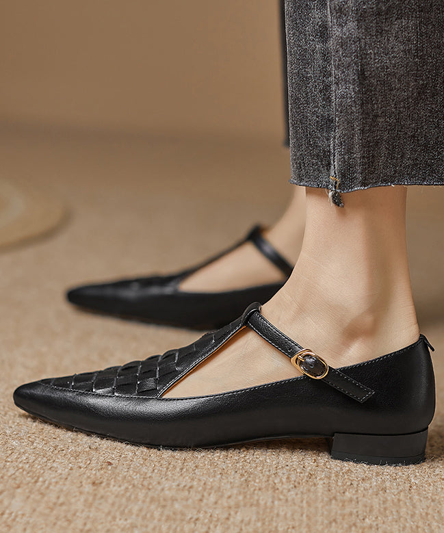 New Black Cowhide Leather Hollow Out Flat Feet Shoes Pointed Toe