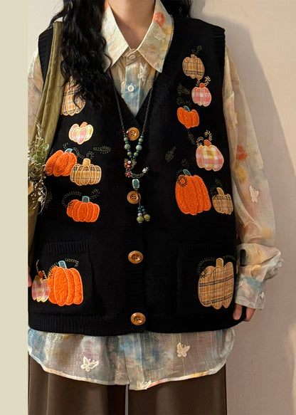 New Black Embroidered Pumpkin Button Knit Waistcoat Spring