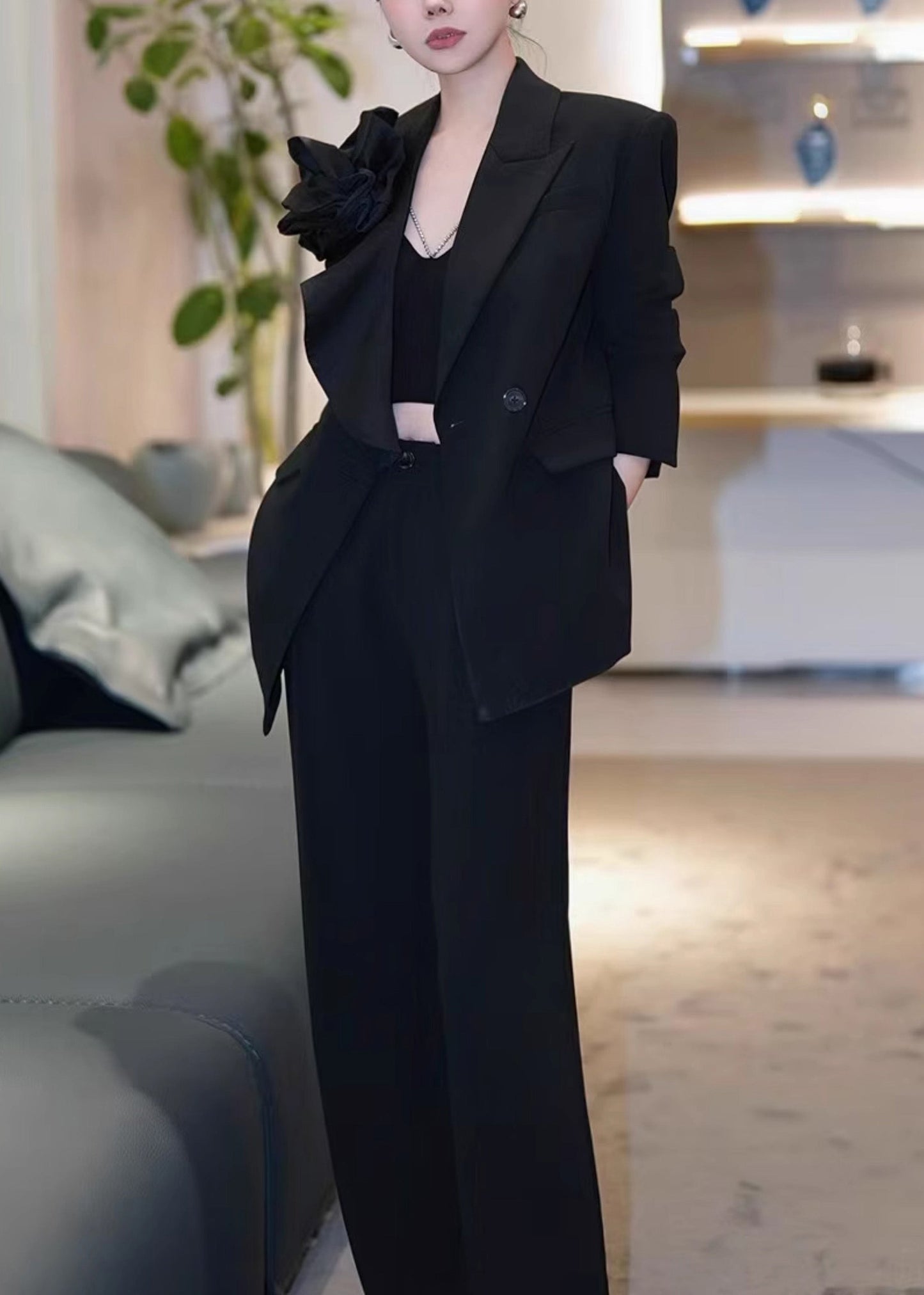 New Black Floral Suit Coat And Pants Women Sets 2 Pieces Fall