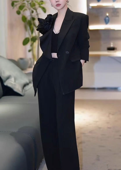 New Black Floral Suit Coat And Pants Women Sets 2 Pieces Fall