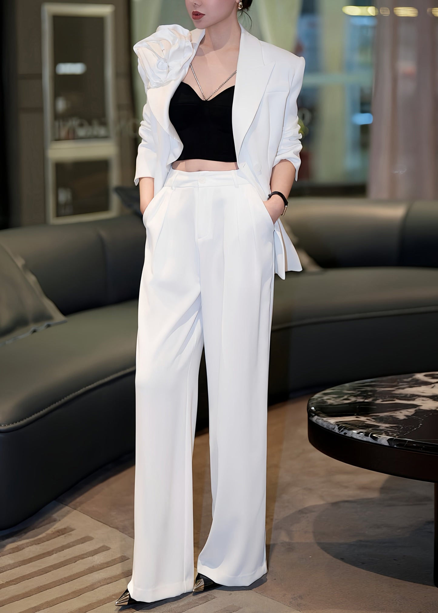 New Black Floral Suit Coat And Pants Women Sets 2 Pieces Fall