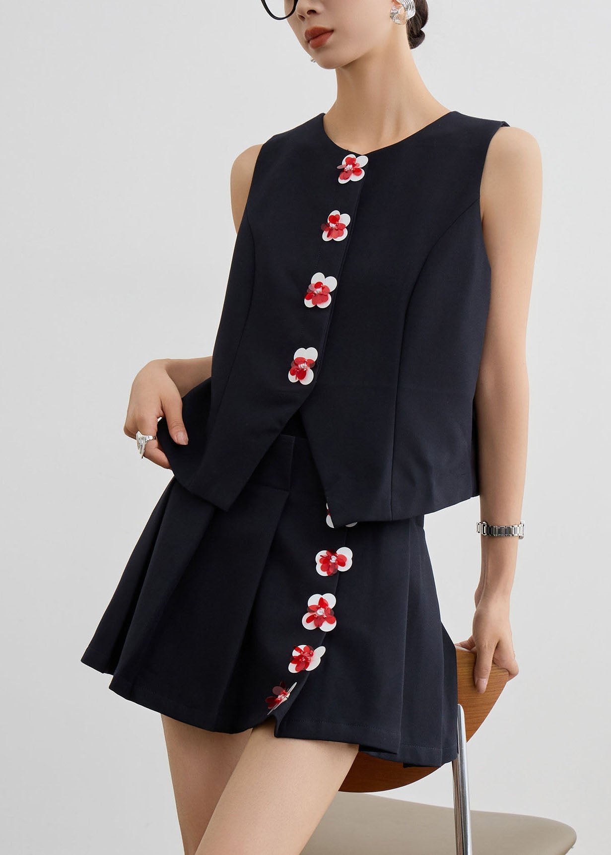 New Black O Neck Floral Vest And Skirts Two Pieces Set Summer