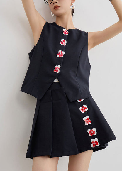 New Black O Neck Floral Vest And Skirts Two Pieces Set Summer