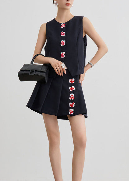New Black O Neck Floral Vest And Skirts Two Pieces Set Summer