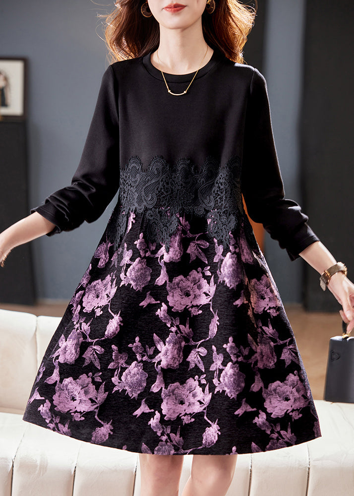 Nuevo vestido negro de algodón con cuello redondo y encaje de patchwork para primavera