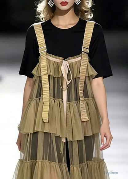 New Black O-Neck T Shirt And Khaki Wrinkled Tulle Dress Two Pieces Set Summer