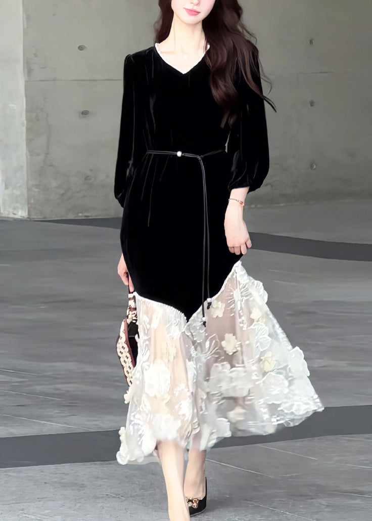 Nuevos vestidos largos de terciopelo con patchwork de tul y cuello redondo negros de primavera