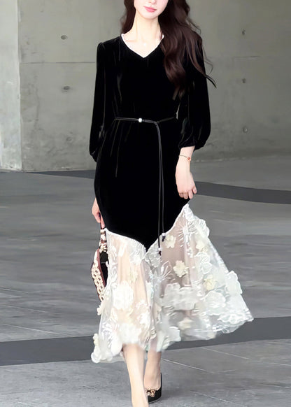 Nuevos vestidos largos de terciopelo con patchwork de tul y cuello redondo negros de primavera