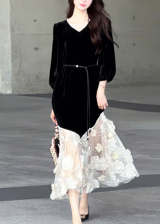 Neue schwarze lange Kleider aus Tüll-Patchwork-Samt mit Rundhalsausschnitt für den Frühling