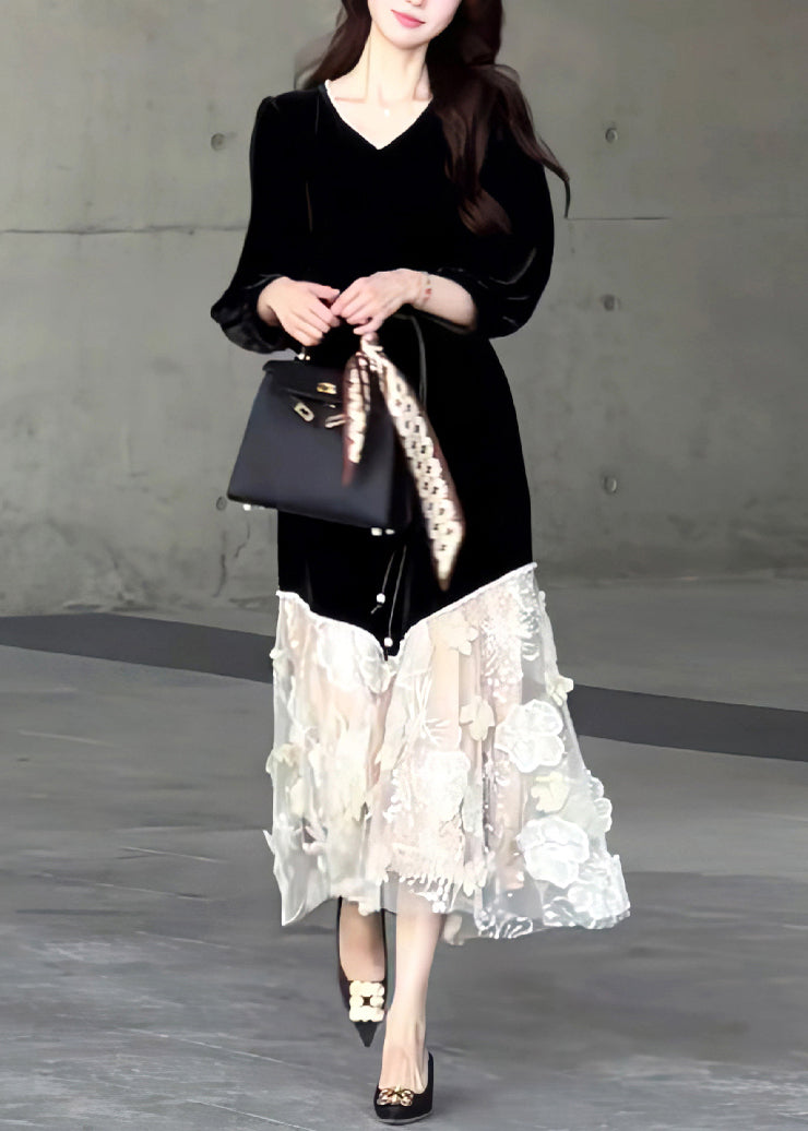 Nuevos vestidos largos de terciopelo con patchwork de tul y cuello redondo negros de primavera