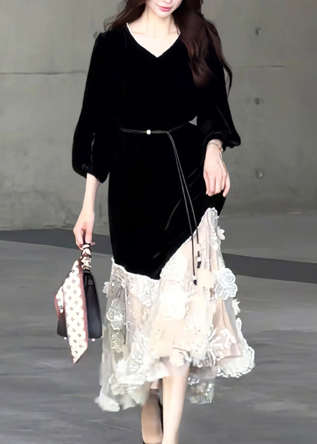 Nuevos vestidos largos de terciopelo con patchwork de tul y cuello redondo negros de primavera