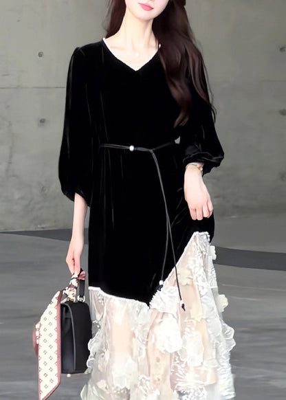 Nuevos vestidos largos de terciopelo con patchwork de tul y cuello redondo negros de primavera