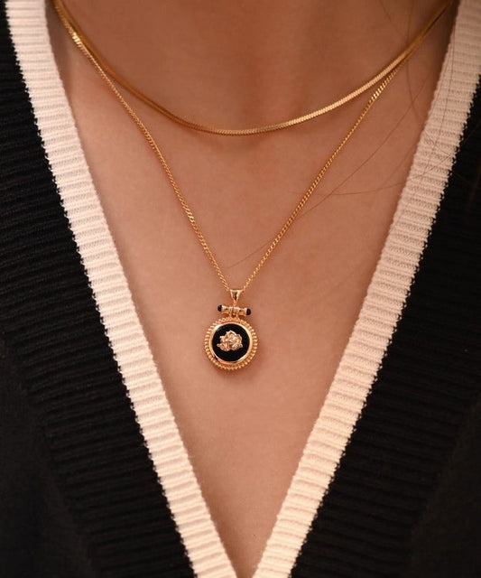 New Black Onyx Roses Adjustable14K Gold Pendant Necklace