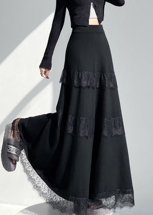 New Black Original Design Lace Patchwork Knit A Line Skirts
