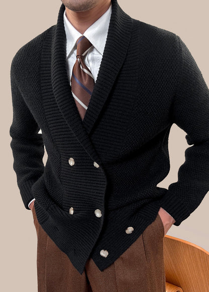 Neuer schwarzer Herrenmantel mit Peter-Pan-Kragen, zweireihig geknöpft, aus Baumwollstrick, Frühling