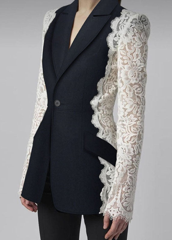 New Black Peter Pan Collar Lace Patchwork Blazer Jackets Coats Fall