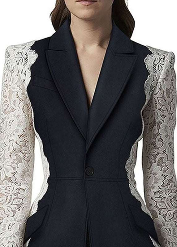 New Black Peter Pan Collar Lace Patchwork Blazer Jackets Coats Fall