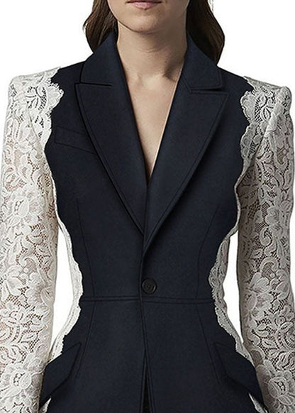 New Black Peter Pan Collar Lace Patchwork Blazer Jackets Coats Fall