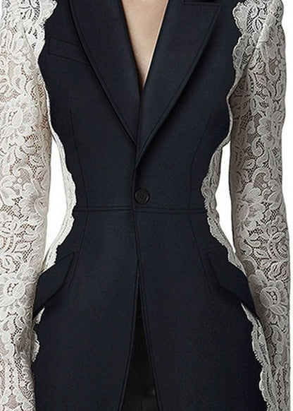 New Black Peter Pan Collar Lace Patchwork Blazer Jackets Coats Fall