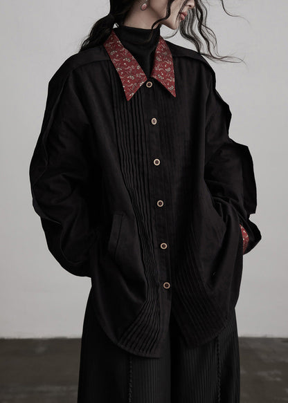 Nuevas camisas de algodón con cuello Peter Pan negro y parches arrugados para primavera