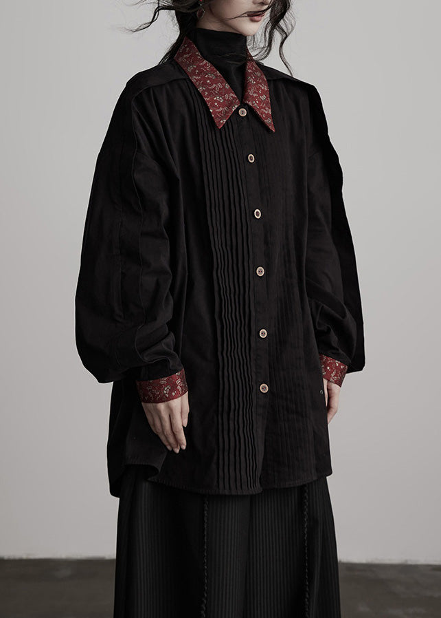 Nuevas camisas de algodón con cuello Peter Pan negro y parches arrugados para primavera