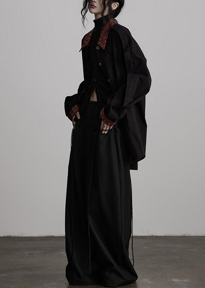 Nuevas camisas de algodón con cuello Peter Pan negro y parches arrugados para primavera