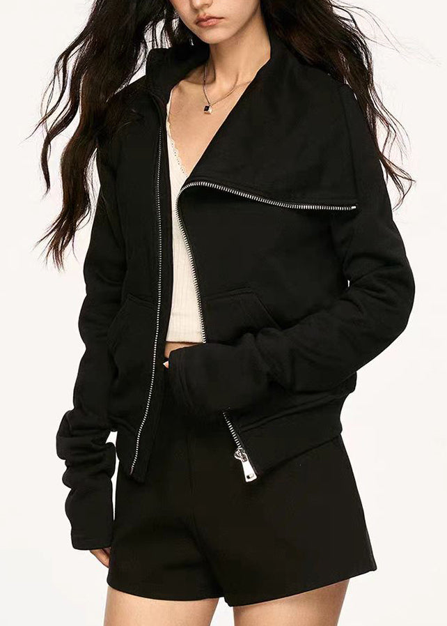 Nuevos abrigos de algodón negros con cuello Peter Pan y bolsillos con cremallera para primavera