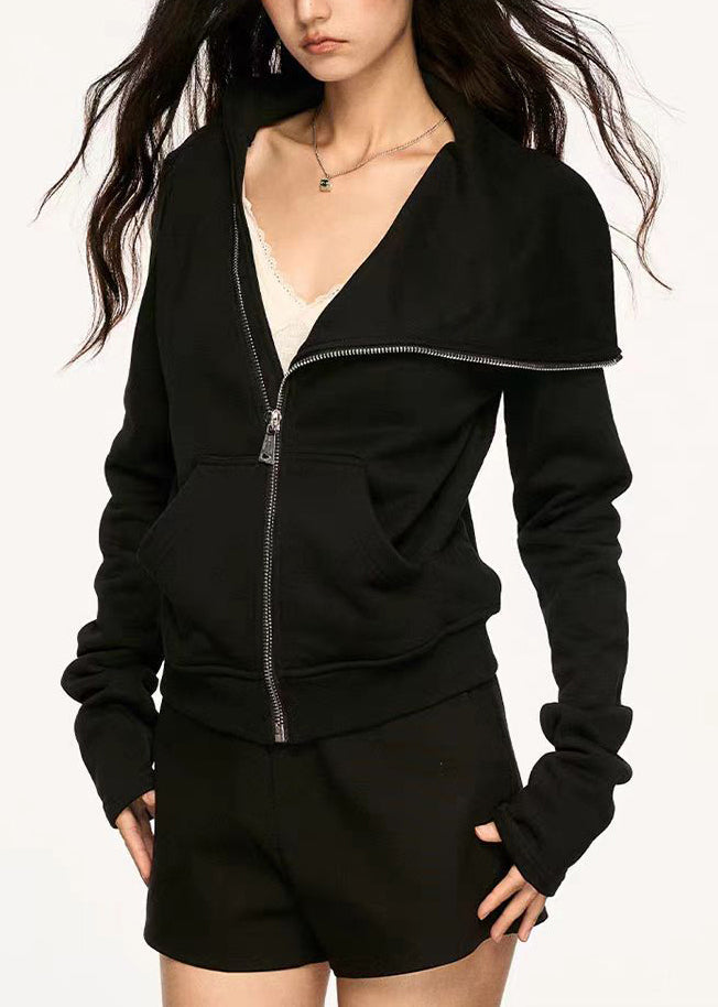 Nuevos abrigos de algodón negros con cuello Peter Pan y bolsillos con cremallera para primavera