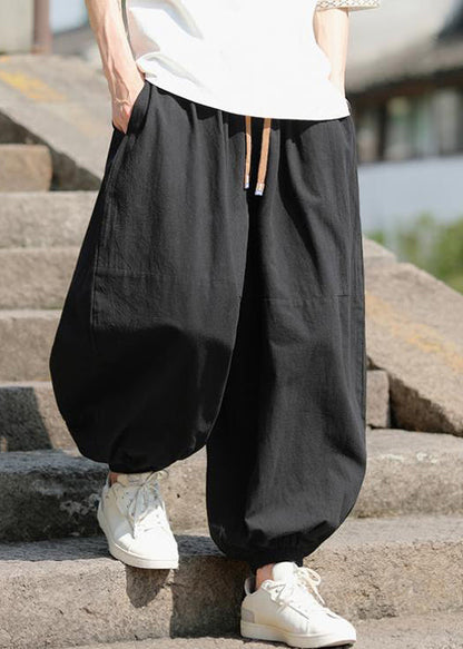 Pantalones de algodón con cintura elástica y bolsillos negros para hombre, primavera