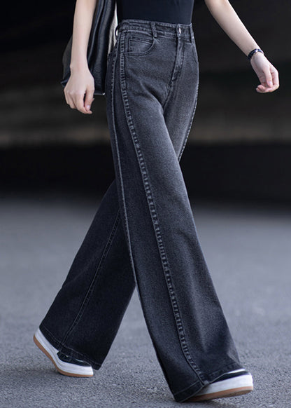New Black Pockets Patchwork Denim Wide Leg Pants Spring
