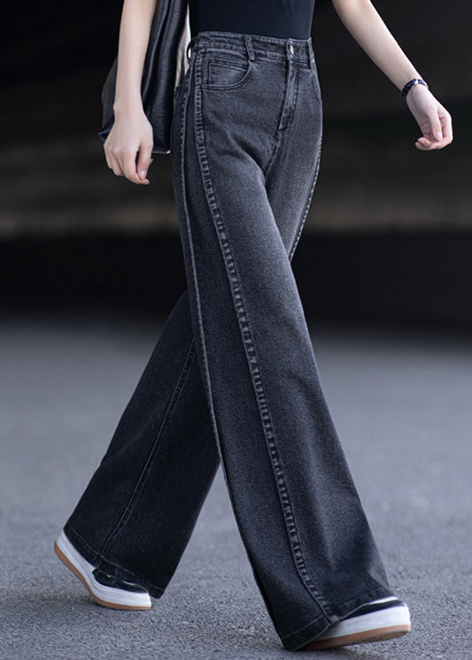 New Black Pockets Patchwork Denim Wide Leg Pants Spring