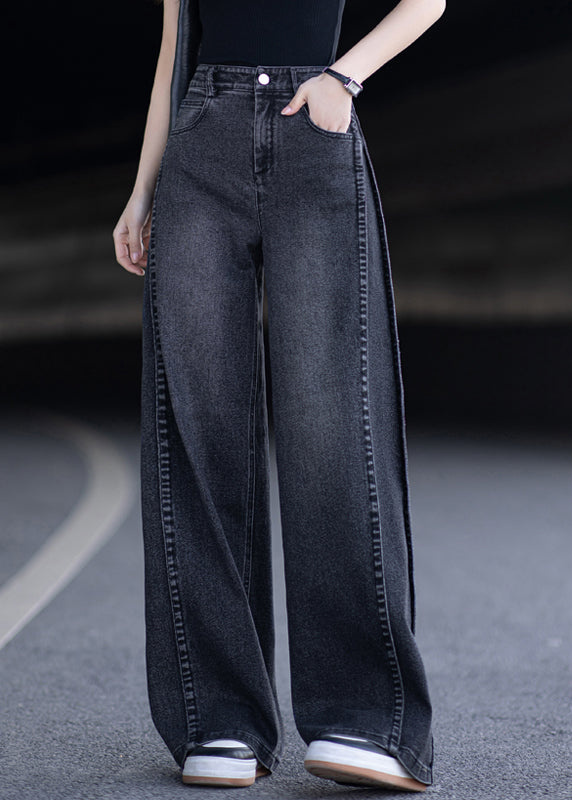 New Black Pockets Patchwork Denim Wide Leg Pants Spring
