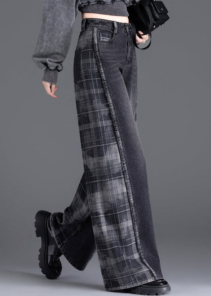 New Black Pockets Plaid Patchwork Warm Fleece Denim Pants Winter