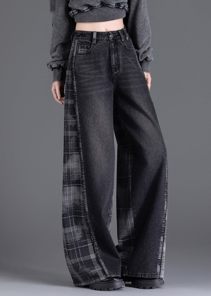 New Black Pockets Plaid Patchwork Warm Fleece Denim Pants Winter