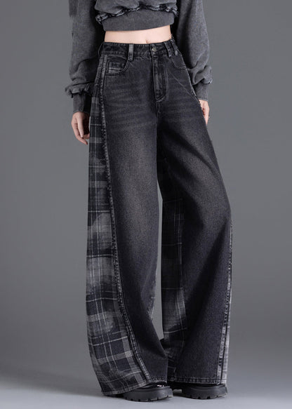 New Black Pockets Plaid Patchwork Warm Fleece Denim Pants Winter