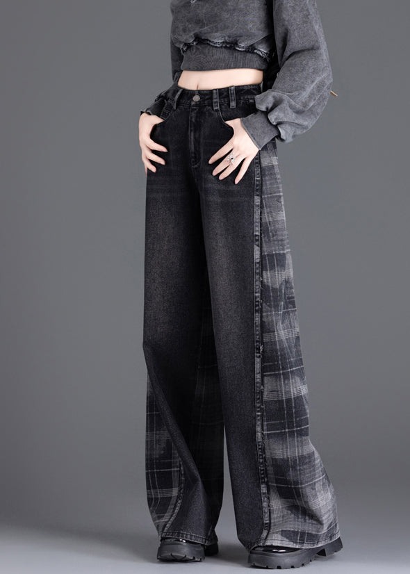 New Black Pockets Plaid Patchwork Warm Fleece Denim Pants Winter