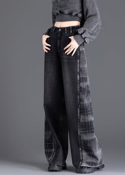 New Black Pockets Plaid Patchwork Warm Fleece Denim Pants Winter