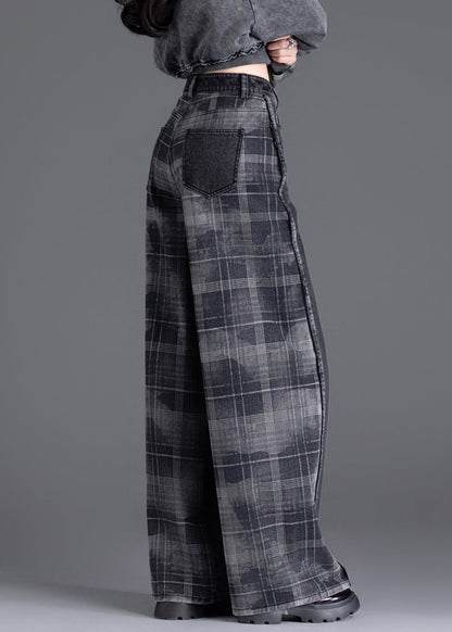 New Black Pockets Plaid Patchwork Warm Fleece Denim Pants Winter