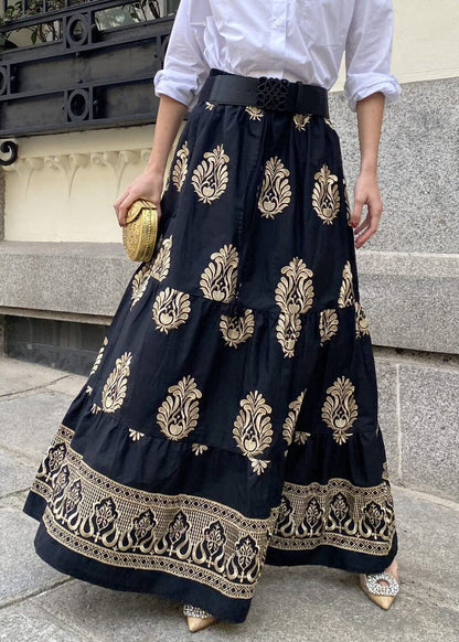 Neu Schwarz Druck Hohe Taille Baumwolle Maxi Röcke Herbst