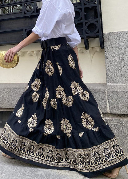 Neu Schwarz Druck Hohe Taille Baumwolle Maxi Röcke Herbst