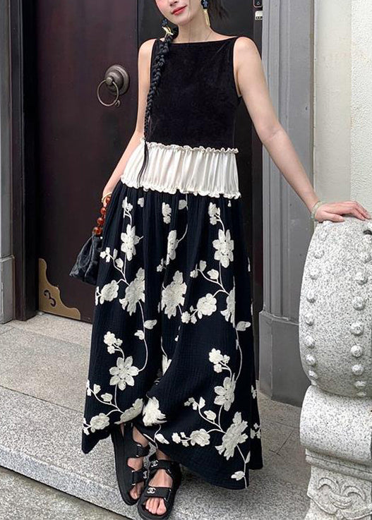 New Black Ruffled Print Patchwork Cotton Long Dress Sleeveless