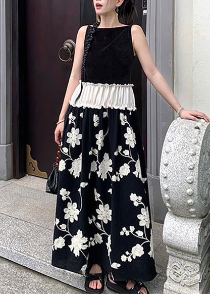 New Black Ruffled Print Patchwork Cotton Long Dress Sleeveless