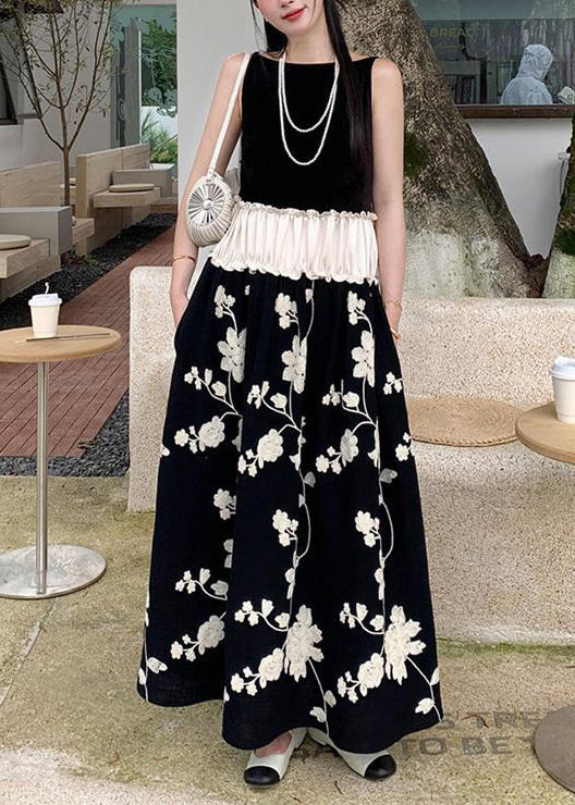 New Black Ruffled Print Patchwork Cotton Long Dress Sleeveless