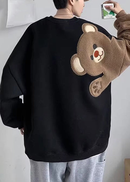 New Black Teddy Faux Fur Patchwork Men Sweatshirt Spring