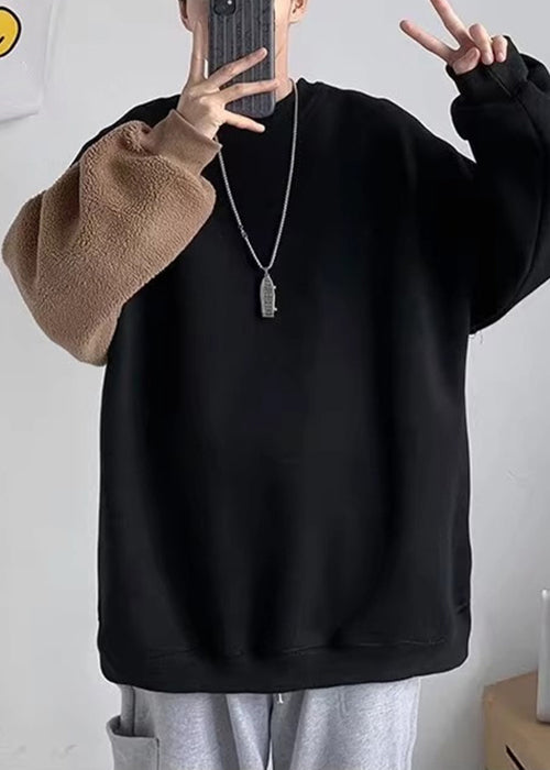 New Black Teddy Faux Fur Patchwork Men Sweatshirt Spring