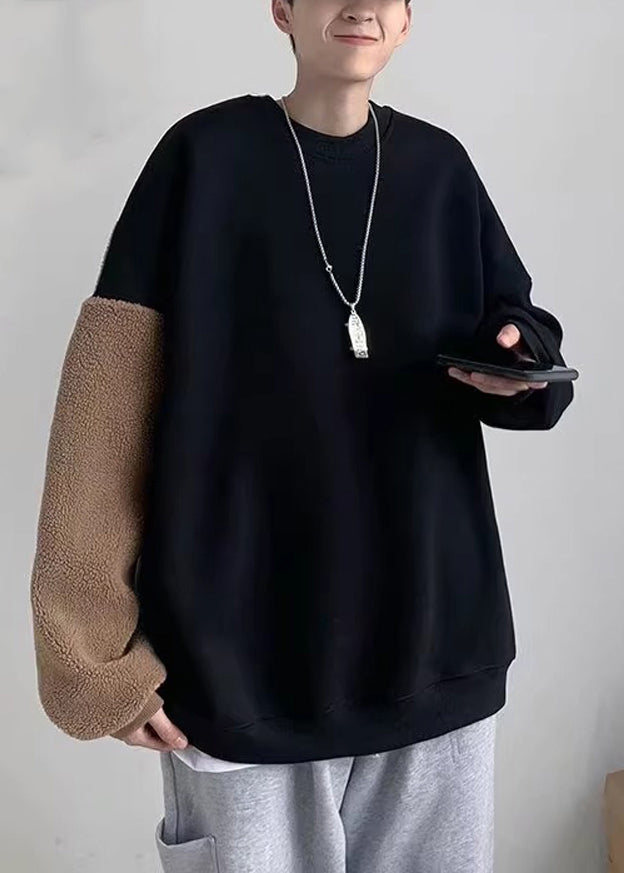 New Black Teddy Faux Fur Patchwork Men Sweatshirt Spring
